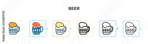 Beer vector icon in 6 different modern styles. Black  two colored beer icons designed in filled  outline  line and stroke style. Vector illustration can be used for web  mobile  ui