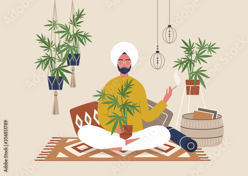 Young indian male character smoking weed indoor, cozy boho interior with pillows and plants, marijuana home farm