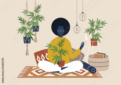 Young black female character smoking weed indoor, cozy boho interior with pillows and plants, marijuana home farm