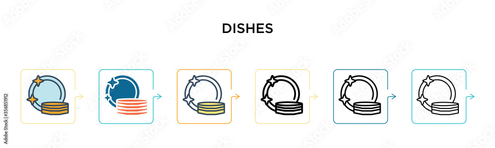 Dishes vector icon in 6 different modern styles. Black, two colored dishes icons designed in filled, outline, line and stroke style. Vector illustration can be used for web, mobile, ui Dishes vector icon in 6 different modern styles. Black, two colored dishes icons designed in filled, outline, line and stroke style. Vector illustration can be used for web, mobile, ui