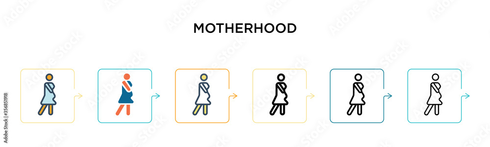 Motherhood vector icon in 6 different modern styles. Black, two colored motherhood icons designed in filled, outline, line and stroke style. Vector illustration can be used for web, mobile, ui Motherhood vector icon in 6 different modern styles. Black, two colored motherhood icons designed in filled, outline, line and stroke style. Vector illustration can be used for web, mobile, ui