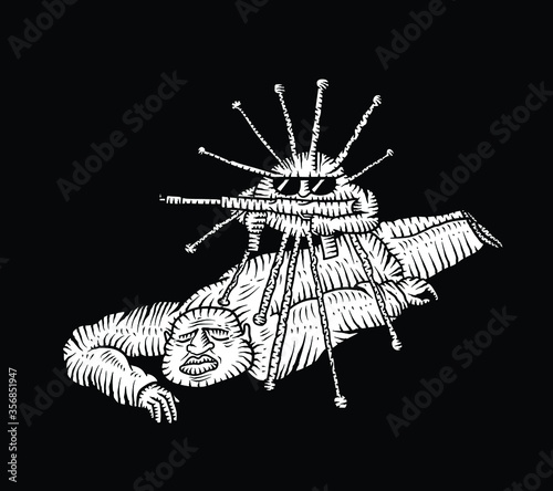 Coronavirus with a machine gun strangles an African-American. Cartoon vector illustration