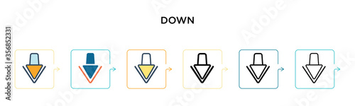 Down vector icon in 6 different modern styles. Black, two colored down icons designed in filled, outline, line and stroke style. Vector illustration can be used for web, mobile, ui