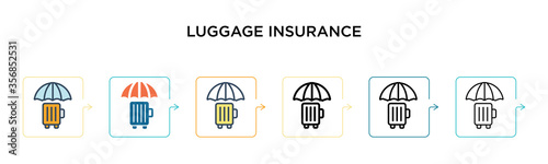 Luggage insurance vector icon in 6 different modern styles. Black, two colored luggage insurance icons designed in filled, outline, line and stroke style. Vector illustration can be used for web,