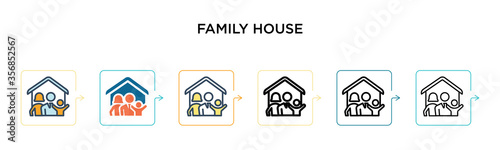 Family house vector icon in 6 different modern styles. Black, two colored family house icons designed in filled, outline, line and stroke style. Vector illustration can be used for web, mobile, ui