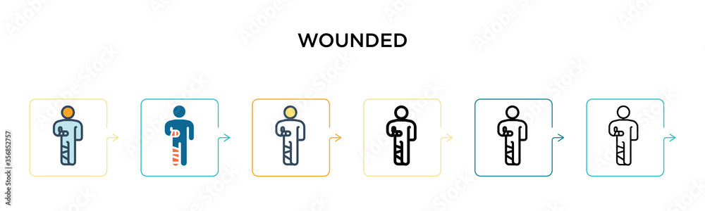 Wounded vector icon in 6 different modern styles. Black, two colored wounded icons designed in filled, outline, line and stroke style. Vector illustration can be used for web, mobile, ui Wounded vector icon in 6 different modern styles. Black, two colored wounded icons designed in filled, outline, line and stroke style. Vector illustration can be used for web, mobile, ui