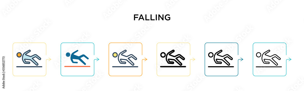 Falling vector icon in 6 different modern styles. Black, two colored falling icons designed in filled, outline, line and stroke style. Vector illustration can be used for web, mobile, ui Falling vector icon in 6 different modern styles. Black, two colored falling icons designed in filled, outline, line and stroke style. Vector illustration can be used for web, mobile, ui