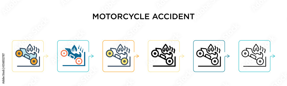 Motorcycle accident vector icon in 6 different modern styles. Black, two colored motorcycle accident icons designed in filled, outline, line and stroke style. Vector illustration can be used for web, Motorcycle accident vector icon in 6 different modern styles. Black, two colored motorcycle accident icons designed in filled, outline, line and stroke style. Vector illustration can be used for web,