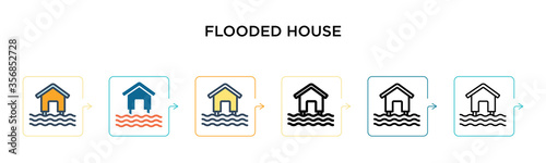 Flooded house vector icon in 6 different modern styles. Black, two colored flooded house icons designed in filled, outline, line and stroke style. Vector illustration can be used for web, mobile, ui