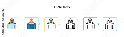 Terrorist vector icon in 6 different modern styles. Black, two colored terrorist icons designed in filled, outline, line and stroke style. Vector illustration can be used for web, mobile, ui