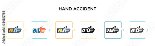 Hand accident vector icon in 6 different modern styles. Black, two colored hand accident icons designed in filled, outline, line and stroke style. Vector illustration can be used for web, mobile, ui