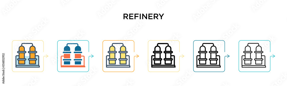 Refinery vector icon in 6 different modern styles. Black, two colored refinery icons designed in filled, outline, line and stroke style. Vector illustration can be used for web, mobile, ui Refinery vector icon in 6 different modern styles. Black, two colored refinery icons designed in filled, outline, line and stroke style. Vector illustration can be used for web, mobile, ui