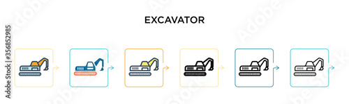Excavator vector icon in 6 different modern styles. Black, two colored excavator icons designed in filled, outline, line and stroke style. Vector illustration can be used for web, mobile, ui