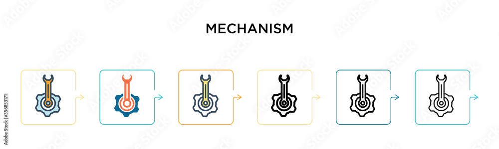 Mechanism vector icon in 6 different modern styles. Black, two colored mechanism icons designed in filled, outline, line and stroke style. Vector illustration can be used for web, mobile, ui Mechanism vector icon in 6 different modern styles. Black, two colored mechanism icons designed in filled, outline, line and stroke style. Vector illustration can be used for web, mobile, ui
