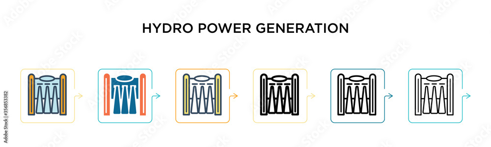 Hydro power generation vector icon in 6 different modern styles. Black, two colored hydro power generation icons designed in filled, outline, line and stroke style. Vector illustration can be used for Hydro power generation vector icon in 6 different modern styles. Black, two colored hydro power generation icons designed in filled, outline, line and stroke style. Vector illustration can be used for
