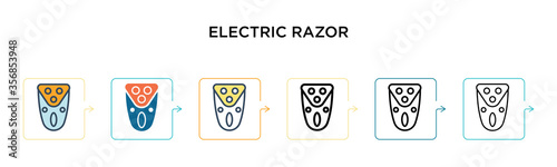 Electric razor vector icon in 6 different modern styles. Black, two colored electric razor icons designed in filled, outline, line and stroke style. Vector illustration can be used for web, mobile, ui