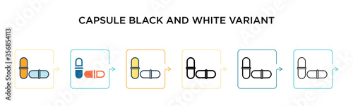 Capsule black and white variant vector icon in 6 different modern styles. Black, two colored capsule black and white variant icons designed in filled, outline, line and stroke style. Vector