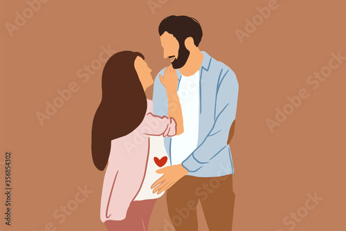 Portrait of a lovely couple hugging together on the background, man touching pregnant women's belly. Vector illustration in flat style