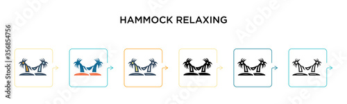 Hammock relaxing vector icon in 6 different modern styles. Black, two colored hammock relaxing icons designed in filled, outline, line and stroke style. Vector illustration can be used for web,
