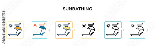 Sunbathing vector icon in 6 different modern styles. Black, two colored sunbathing icons designed in filled, outline, line and stroke style. Vector illustration can be used for web, mobile, ui