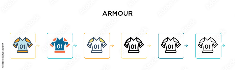 Armour vector icon in 6 different modern styles. Black, two colored armour icons designed in filled, outline, line and stroke style. Vector illustration can be used for web, mobile, ui