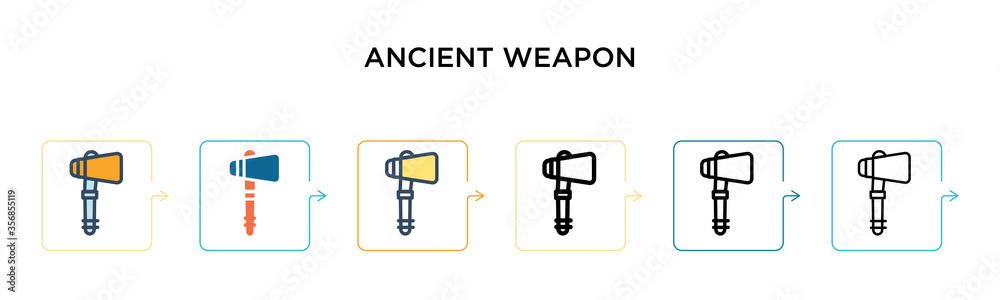 Ancient weapon vector icon in 6 different modern styles. Black, two colored ancient weapon icons designed in filled, outline, line and stroke style. Vector illustration can be used for web, mobile, ui Ancient weapon vector icon in 6 different modern styles. Black, two colored ancient weapon icons designed in filled, outline, line and stroke style. Vector illustration can be used for web, mobile, ui