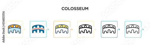 Colosseum vector icon in 6 different modern styles. Black, two colored colosseum icons designed in filled, outline, line and stroke style. Vector illustration can be used for web, mobile, ui