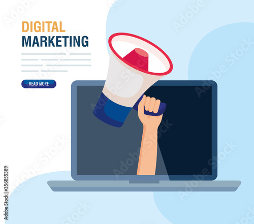 digital online marketing for business and social media marketing, content marketing, laptop and hand with megaphone vector illustration design