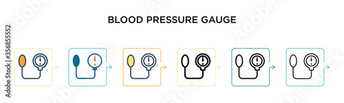 Blood pressure gauge vector icon in 6 different modern styles. Black, two colored blood pressure gauge icons designed in filled, outline, line and stroke style. Vector illustration can be used for