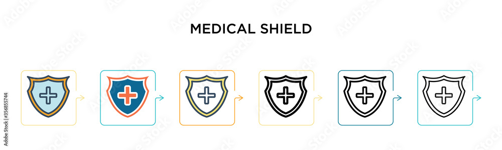 Medical shield vector icon in 6 different modern styles. Black, two colored medical shield icons designed in filled, outline, line and stroke style. Vector illustration can be used for web, mobile, ui Medical shield vector icon in 6 different modern styles. Black, two colored medical shield icons designed in filled, outline, line and stroke style. Vector illustration can be used for web, mobile, ui