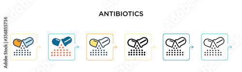 Antibiotics vector icon in 6 different modern styles. Black, two colored antibiotics icons designed in filled, outline, line and stroke style. Vector illustration can be used for web, mobile, ui