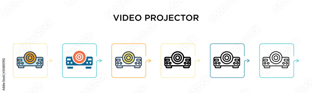 Video projector vector icon in 6 different modern styles. Black, two colored video projector icons designed in filled, outline, line and stroke style. Vector illustration can be used for web, mobile, Video projector vector icon in 6 different modern styles. Black, two colored video projector icons designed in filled, outline, line and stroke style. Vector illustration can be used for web, mobile,