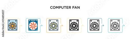 Computer fan vector icon in 6 different modern styles. Black, two colored computer fan icons designed in filled, outline, line and stroke style. Vector illustration can be used for web, mobile, ui