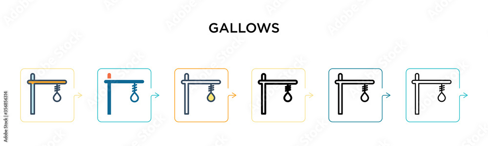 Gallows vector icon in 6 different modern styles. Black, two colored gallows icons designed in filled, outline, line and stroke style. Vector illustration can be used for web, mobile, ui Gallows vector icon in 6 different modern styles. Black, two colored gallows icons designed in filled, outline, line and stroke style. Vector illustration can be used for web, mobile, ui