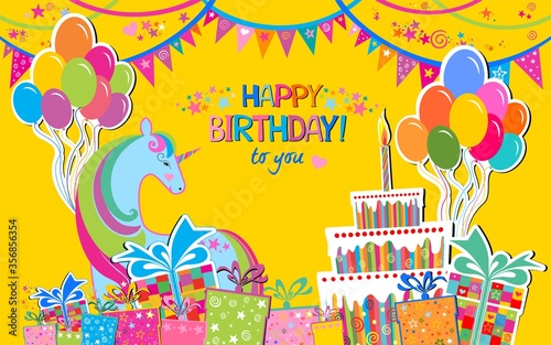 Fototapeta Naklejka Na Ścianę i Meble -  Birthday card. Celebration yellow background with gift boxes, Balloons, Birthday cake, pink unicorn and place for your text.  Horizontal banner. Greeting, invitation card or flyer  illustration 