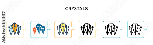 Crystals vector icon in 6 different modern styles. Black, two colored crystals icons designed in filled, outline, line and stroke style. Vector illustration can be used for web, mobile, ui