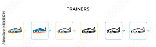 Trainers vector icon in 6 different modern styles. Black  two colored trainers icons designed in filled  outline  line and stroke style. Vector illustration can be used for web  mobile  ui