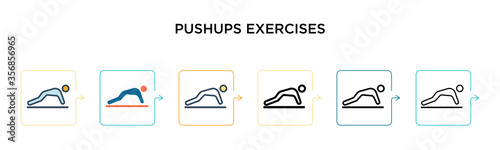 Pushups exercises vector icon in 6 different modern styles. Black, two colored pushups exercises icons designed in filled, outline, line and stroke style. Vector illustration can be used for web,