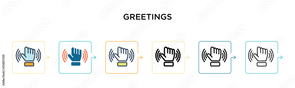 Greetings vector icon in 6 different modern styles. Black, two colored greetings icons designed in filled, outline, line and stroke style. Vector illustration can be used for web, mobile, ui Greetings vector icon in 6 different modern styles. Black, two colored greetings icons designed in filled, outline, line and stroke style. Vector illustration can be used for web, mobile, ui