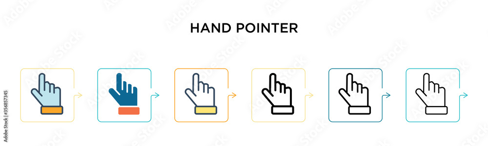 Hand pointer vector icon in 6 different modern styles. Black, two colored hand pointer icons designed in filled, outline, line and stroke style. Vector illustration can be used for web, mobile, ui Hand pointer vector icon in 6 different modern styles. Black, two colored hand pointer icons designed in filled, outline, line and stroke style. Vector illustration can be used for web, mobile, ui