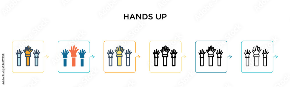 Hands up vector icon in 6 different modern styles. Black, two colored hands up icons designed in filled, outline, line and stroke style. Vector illustration can be used for web, mobile, ui