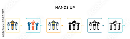 Hands up vector icon in 6 different modern styles. Black, two colored hands up icons designed in filled, outline, line and stroke style. Vector illustration can be used for web, mobile, ui
