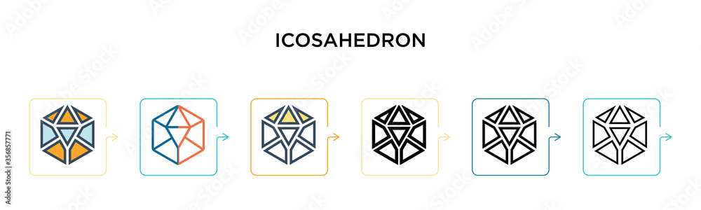 Icosahedron vector icon in 6 different modern styles. Black, two colored icosahedron icons designed in filled, outline, line and stroke style. Vector illustration can be used for web, mobile, ui Icosahedron vector icon in 6 different modern styles. Black, two colored icosahedron icons designed in filled, outline, line and stroke style. Vector illustration can be used for web, mobile, ui