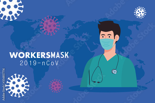 paramedic wearing medical mask against 2019 ncov vector illustration design