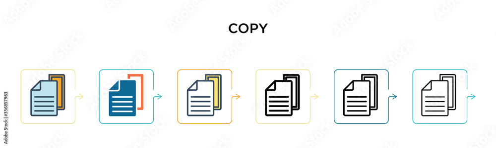 Copy vector icon in 6 different modern styles. Black, two colored copy icons designed in filled, outline, line and stroke style. Vector illustration can be used for web, mobile, ui Copy vector icon in 6 different modern styles. Black, two colored copy icons designed in filled, outline, line and stroke style. Vector illustration can be used for web, mobile, ui
