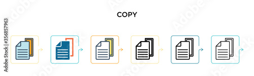 Copy vector icon in 6 different modern styles. Black, two colored copy icons designed in filled, outline, line and stroke style. Vector illustration can be used for web, mobile, ui