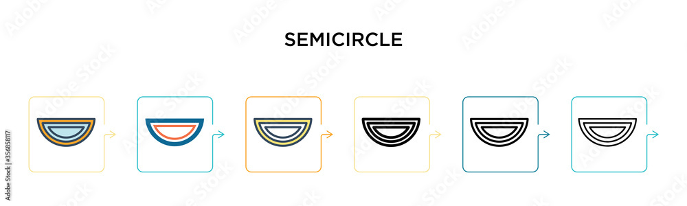 Fototapeta premium Semicircle vector icon in 6 different modern styles. Black, two colored semicircle icons designed in filled, outline, line and stroke style. Vector illustration can be used for web, mobile, ui