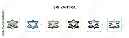 Sri yantra vector icon in 6 different modern styles. Black, two colored sri yantra icons designed in filled, outline, line and stroke style. Vector illustration can be used for web, mobile, ui