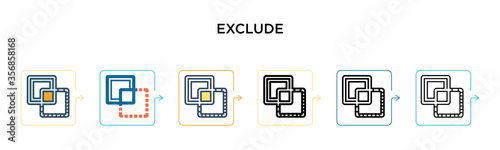 Exclude vector icon in 6 different modern styles. Black, two colored exclude icons designed in filled, outline, line and stroke style. Vector illustration can be used for web, mobile, ui