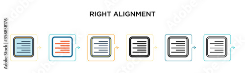 Right alignment vector icon in 6 different modern styles. Black  two colored right alignment icons designed in filled  outline  line and stroke style. Vector illustration can be used for web  mobile 